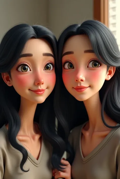 Tender ladies , Realistic animated old age ,light eyes ,long black hair with casual background