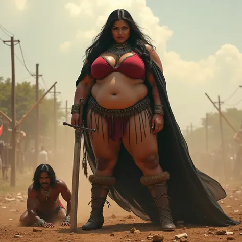 Indian extreme plus size BBW chubby fat busty dark skinned wide warrior woman with dusty face with large breast and large fat curvey figure and wide shoulder and long hair till shoulder and wearing red deep neck tight fitting bra with displaying cleavage a...