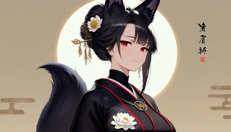 ((Huge breast)), ((black elegant fox ears)), ((black elegant fox tail)), "A serene and delicate figure rendered in an ornate traditional Japanese art style, embodying poetic elegance. She sits gracefully, her thoughtful expression and slight tilt of her he...