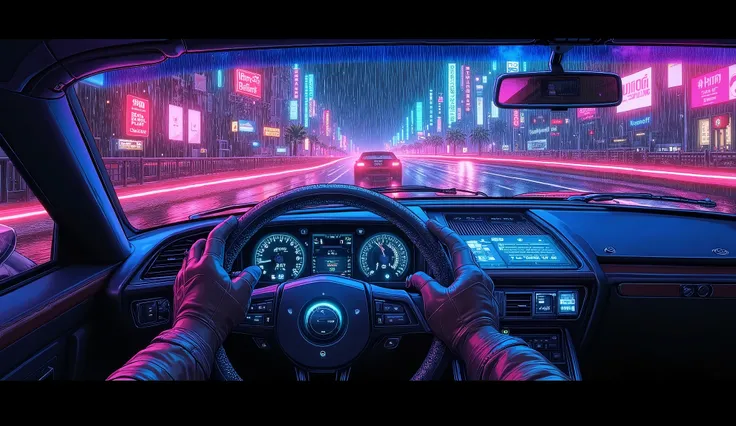 first-person driving view, midnight highway scene, retro 1980s sports car interior,  
driver's leather-gloved hands on a classic three-spoke leather steering wheel,  
denim jacket sleeve visible, glowing blue dashboard with analog gauges (speedometer, tach...