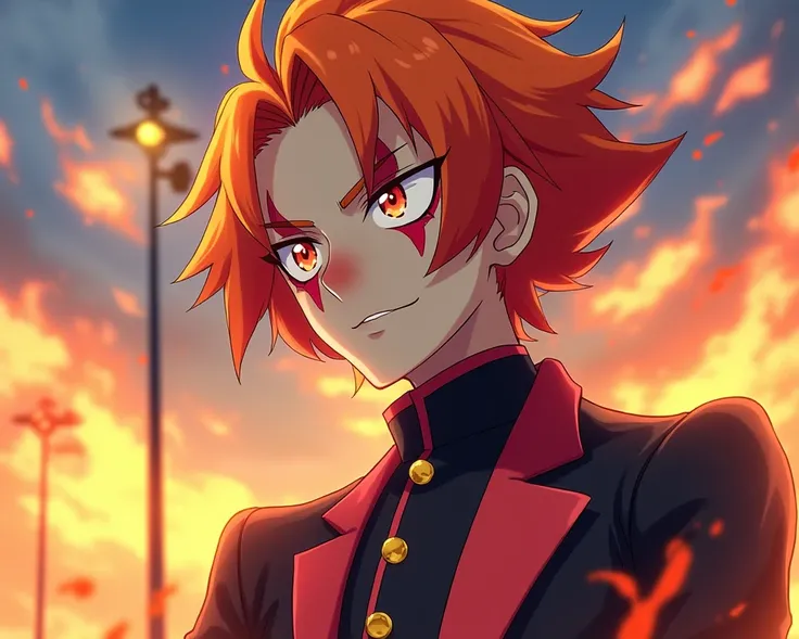 sol daystar inazuma eleven victory road 
cheveux orange en pointe deux grande méche rouge qui tombent sur sont visage 
avec maquillage de clown tueur.
yeux ecarlate stylé artificiel.adulte 19 ans 
charismatique 
puissant sauvage uniform noir et rose.
regar...