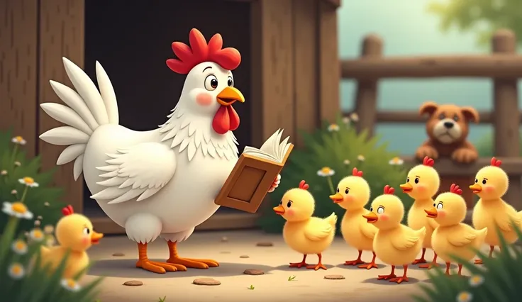 A pretty white hen telling stories to others animated version 