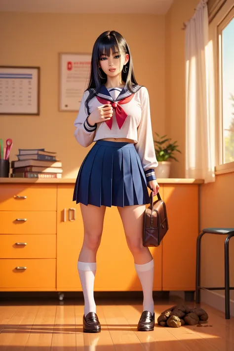 1innocent girl in school uniform shitting on Cheir,long black hair, morning livingroom