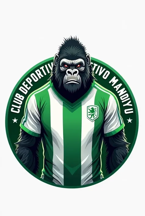 I want to create a circular logo of the Mandiyu soccer team that is white and green with a gorilla in the center using the realistic team's jersey and that around it says Club Deportivo Mandiyú that the logo of the shirt is only colors, one half green, ano...