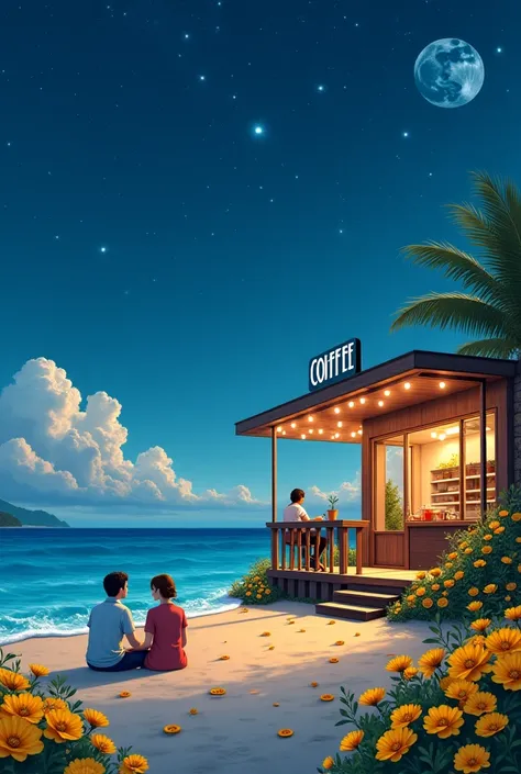 a coffee shop on the edge of a sky blue beach, lots of yellow  flowers and a man and woman sitting at sand looking at the stars and the moon 