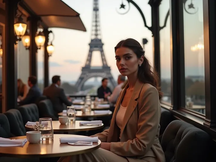 An elegant woman wearing gral , The woman must be slightly facing forward sitting outside a sophisticated café in Paris where it is possible to see the Eiffel Tower in the background, Make the tower the focus 