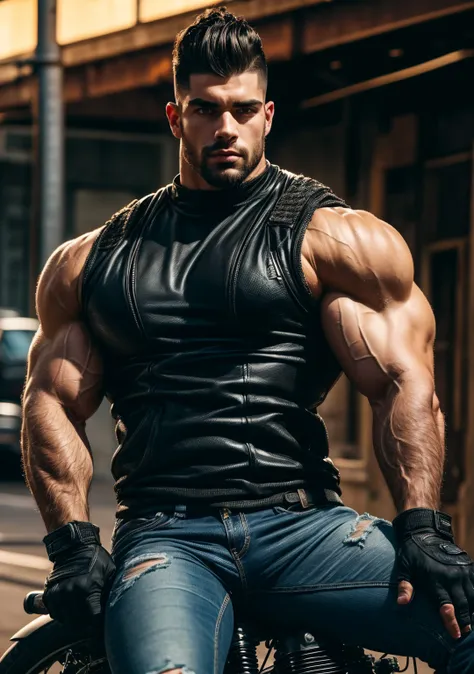 Ultra-realistic, highly detailed, chiseled young burly biker man with a muscular, shredded bodybuilder physique. His massive chest, broad shoulders, and veiny, tattooed arms exude power. His biceps and triceps are flexed, showcasing thick, vascular muscles...