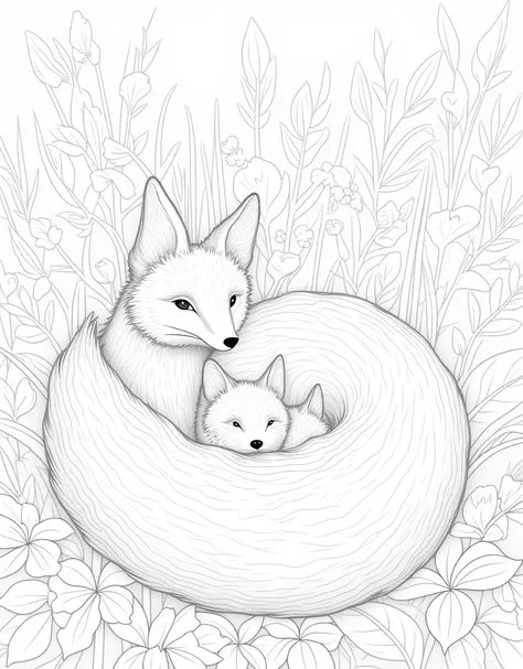 Make A Family of Foxes Nestled Among Large Leaves and Wildflowers – A mother fox curled up protectively around her cubs, surrounded by huge, textured leaves and oversized, intricate wildflowers. everything done pencil line art. coloring page