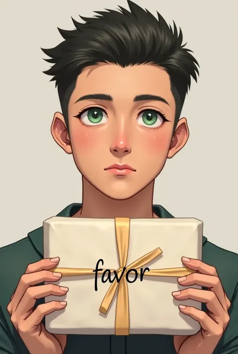  An image showing a white man , Rubuo ,  with green eyes holding a gift box that says the word FAVOR