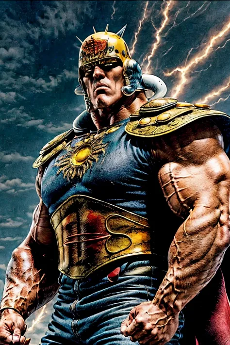 8K images、Raoh from Fist of the North Star(:1.5)、doping  、Muscular、 Leather Armor、pocket、 red cloak、 Fearless Confidence  、The face of hatred 、 Open Your Eyes Wide 、 Eyeliner、  bodybuilder physique  、Ruins、strobe、  black background、whole body、  stand with ...