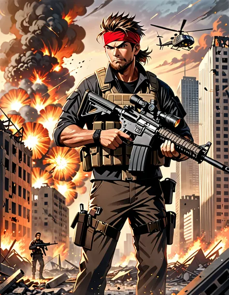 1boy, red headband, beard, brown hair, dark brown eyes, building, burning, city, cityscape, cloud, destruction, dusk, embers, explosion, facial hair, firing, gradient sky, gun, headband, helicopter, holding gun, holding weapon, holster, male focus, medium ...