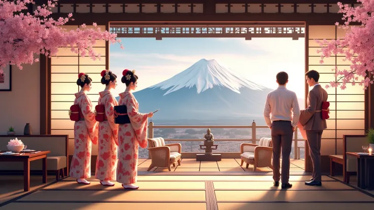 Create an image that describes Japan, one that highlights their culture and traditions, as well as the hospitality industry. Make it super realistic
