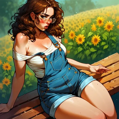 outdoor sunflower farm background, solo, 1woman, pale skin, freckles, small breasts, curvy hips, thick thighs, brown hair, long curly hair, blue droopy eyes, sitting on bench, portrait, mature, chubby , golden big glasses, maternal, ((off-shoulder overalls...