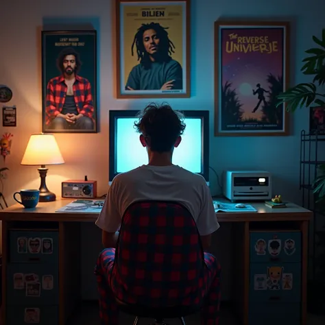 _" In a softly lit room ,  with a nostalgic atmosphere of the 90s ,  a man sits on his back in front of a classic computer with a CRT screen ,  showing binary codes on the screen .  He wears red and blue checkered pajamas , and a white t-shirt,  with his h...