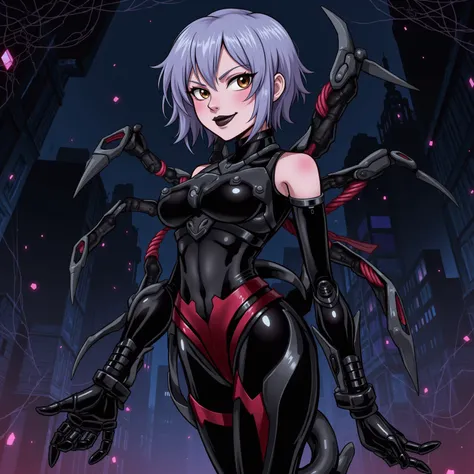 Extremely sexy beautiful mature Gothic comic book cartoon woman standing who has a sexy smile and is a half full body robot woman with short lavender blue grey hair. Brown eyes. Black and red Cyber robot suit. Big black lips. She's in a spooky Gothic futur...