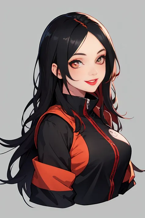  a girl,  long hair,  Smile, breasts,  looking at the spectator,  black hair,  the best quality ,  long hair,  pending, make-up, Red lips,  Simple background , naruto, 