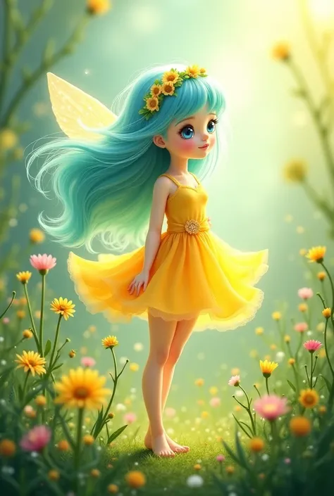 A fairy-haired aquaria colored in a yellow dress sprouted fresh springs; 