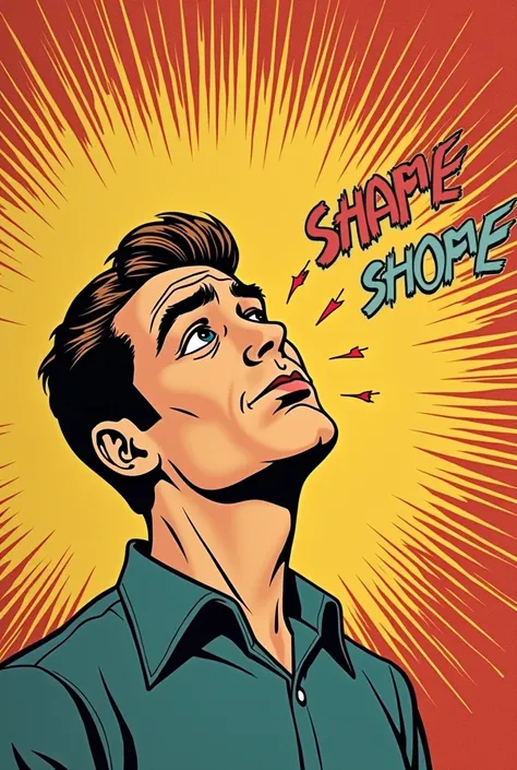 A vintage pop art style illustration from the 50s-60s, with bold strokes, old comic book shading, and vibrant colors. The main character should be [A man with a sad look on his face, while sharp words fly towards him... The background should be vibrantly c...