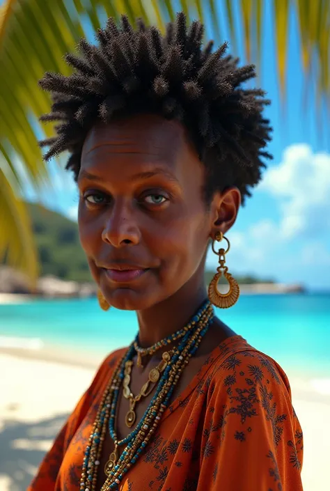 À partir de ce visage, créer une image d'un personnage sur une plage de Guadeloupe.