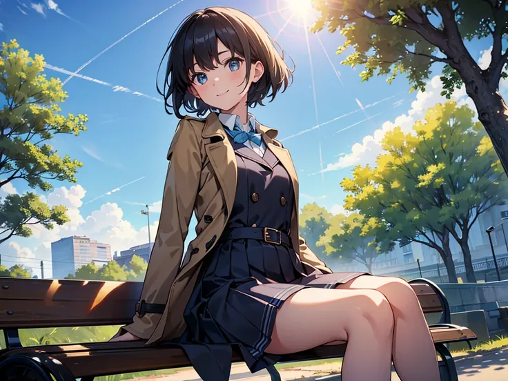 cinematic angle, solo focus,masterpiece, best quality, extremely detailed, absurdres, from below ,lens flare, very aesthetic,one cute girl has short hair, (wind), the background is park,sit on the bench
, the girl wearing (school uniform,trench coat ),ligh...