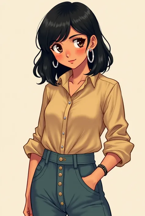 Make a girl anime character who looks like this: always looks put together without even trying. She has soft, wavy black hair that falls just past her shoulders, often tucked behind her ears to show off her silver hoop earrings. Her skin is warm-toned, and...