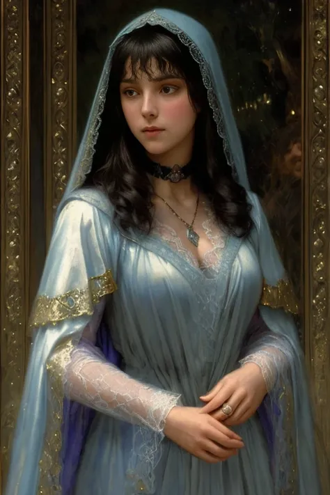 Beautiful (paladin:1.0), wearing a [::.2] (lace:1.2) hooded cloak [::.3], (gothic choker), o-ring collar, [: :.2] fantasy art, concept art, delicate features, feminine, Chiaroscuro , (style of howard chandler christy:1.0), 8k, highest quality, ( masterpiec...