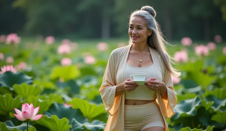  Bangkok, Thailand
An elderly older woman 75+, wearing light gold-colored silk underwear, strolls through a garden among fragrant lotuses. Her long silver hair is gathered in an elegant knot and a soft smile plays across her face. She holds a small cup of ...