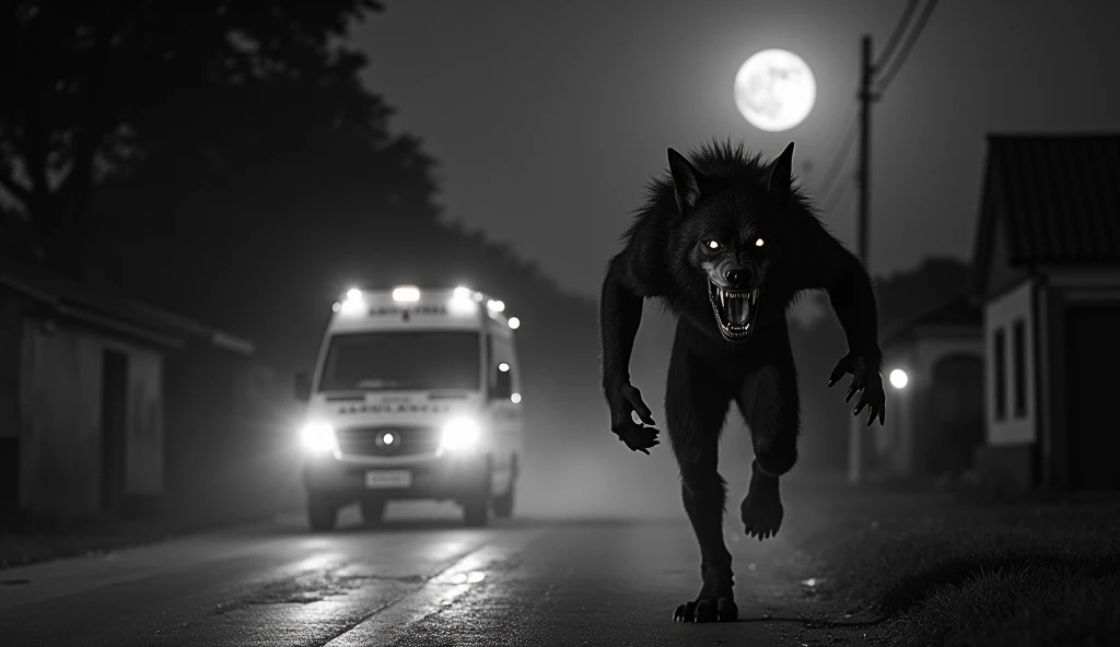 A grainy, noisy black and white photograph of a white ambulance(the ambulance is ahead in the image) chased  by a tall, deformed werewolf((the werewolf is at the buttom)) with an enormous teeth, running at high speed through a brazilian small town, dark am...