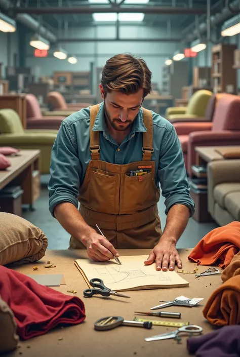 Employee working in a factory with sofas and chairs around him, scissors, measuring tape and fabrics 