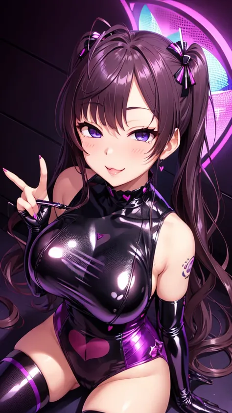  erotic、Ichinose Shiki、Big Breasts、 long twin tails、shiny black and purple sequin full bodysuit、heart shaped tattoo 、 fishnet tights 、purple love hotel with dark lights、black wall 、Evil grin、despise、 look down、Open your mouth slightly、 Evil Female Executiv...