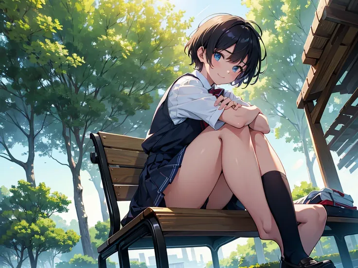 cinematic angle, solo focus,masterpiece, best quality, extremely detailed, absurdres, from below ,lens flare, very aesthetic,one cute girl has short hair, (wind), the background is park,sit on the bench
, the girl wearing (school uniform ),light smile,