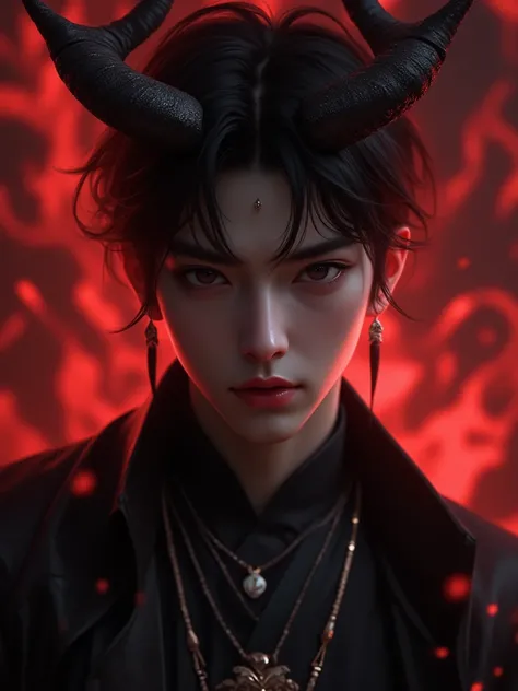 Masterpiece, best quality, 8k, highest quality, best graphic, beautiful eye, beautiful lip, beautiful background, man in 20s, black short hair, black aura, black eyelash, devil like, black devil horn, 1800s noble cloth, full shot, black and red flame