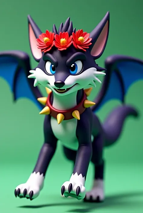 A black and white wolf with blue eyes and blue dragon wings. Wearing a red flower crown and a spiked collar around its neck. Full body. Green screen. realistic, realistic style. 3D. Angry. running. Atacking. Angry. side view. Fluffy.