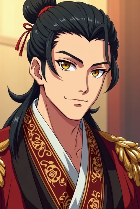 Man with black hair and golden almond-shaped eyes,  mature face with delicate Japanese features, fair skin and slightly muscular body and broad shoulders, Wear Chinese emperor clothes. anime version