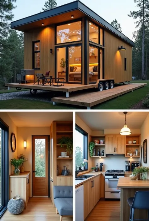 The tiny house is very small but cozy. It has big windows that bring in a lot of natural light. The front door is simple and made of wood. There is no garage, but there is space for a bicycle or a small car. The gate is small and easy to open. The house ha...