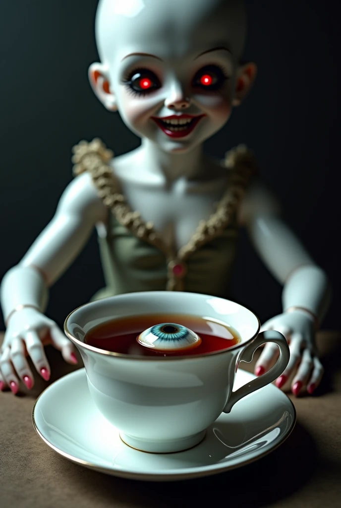 "A terrifying scene of a haunted tea ritual. A delicate porcelain tea cup filled with dark liquid, floating human eyes glistening inside. In the background, an eerie gothic porcelain doll starts to shift and reshape, her limbs distorting, her porcelain fle...