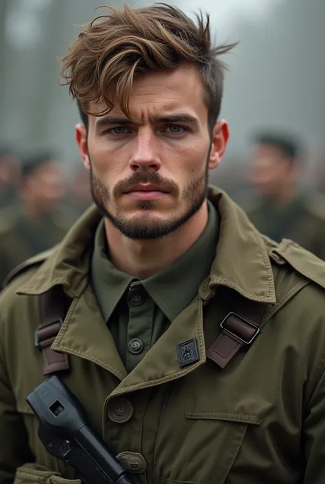 Soldier, male, over 25 years old, wheat-skinned but not too dark, brown hair, but slightly blonde, hazel eyes, jawline, etc., prominent, very little beard, 188 cm tall, well-built and muscular, but not overly muscular, hair slightly messy, medium length.