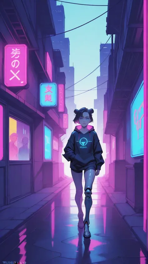  A female character  ,  universe prosthesis,  wearing loose clothing  ,  cybernetic prosthesis , Neon lighting, futurist ,  modern, Character on a street with an urban cyberpunk atmosphere 