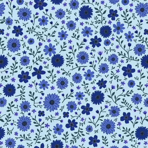 A very detailed floral pattern of many small flowers together with bright, intense and pure colors. The pattern is of many small flowers in deep blue color and light sky blue background. The main flowers are deep dark blue with pure black details and cente...