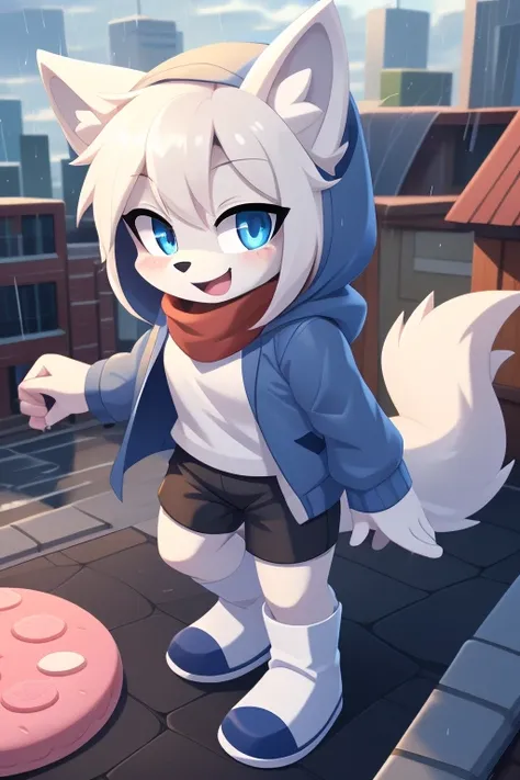 Furry ager，White wolf，White coat color，whaite hair，blue color eyes，solo person ，adolable，Gray jacket，Black  shorts，A flowing gray scarf，White hood，Round sapphire，Wolf ears，Wolf tail，Pink meat pad，Stand up，ssmile，Rooftop，Rainy days，In the daytime