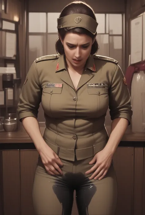 (photorealism:1.2), (pp clothes), photo, woman, athletic body, detailed pretty face, detailed eyes, crying, red faced, embarrassed look on her face, masterpiece, military uniform, military pants, standing, bar, peeing herself, peeing her military pants, bo...