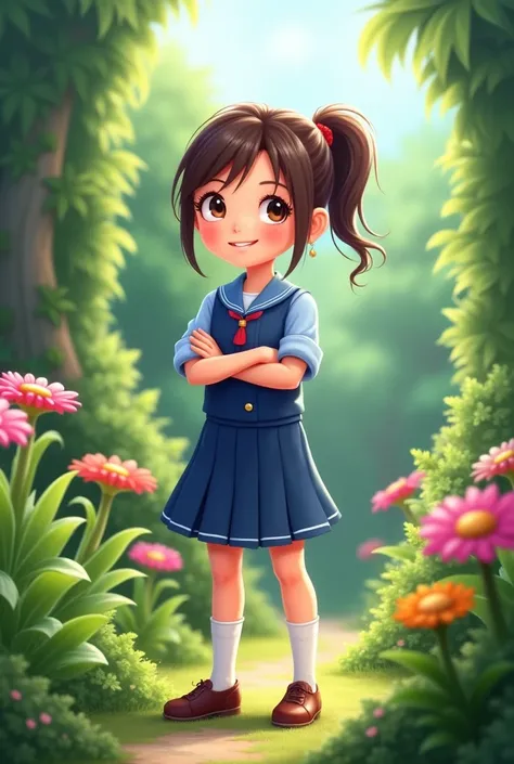 Garden girl from is in blue uniform smiling and with her arms crossed looking forward
