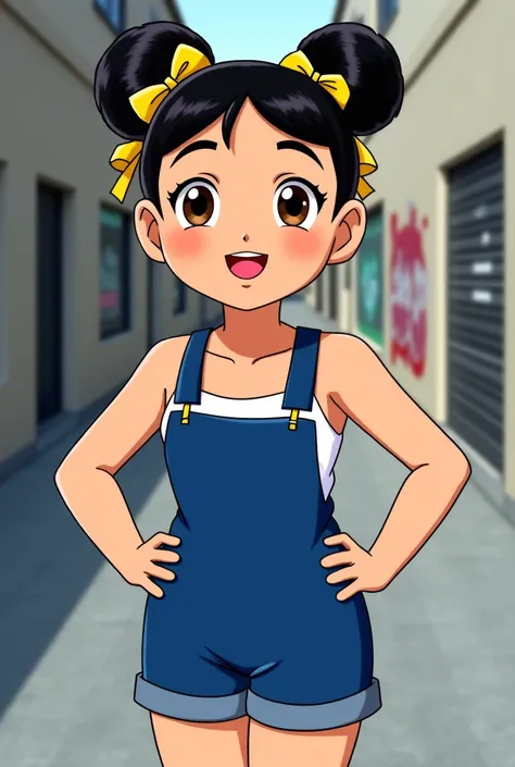 score_9, score_8_up, score_7_up, score_6_up, source_cartoon, cracked masterpiece. Chunli, brown eyes, double buns, yellow ribbon, blue jumpsuit, short top, sleeveless, breasts, hands on hips, looking at viewer, smiling, parted lips, view from below, smilin...