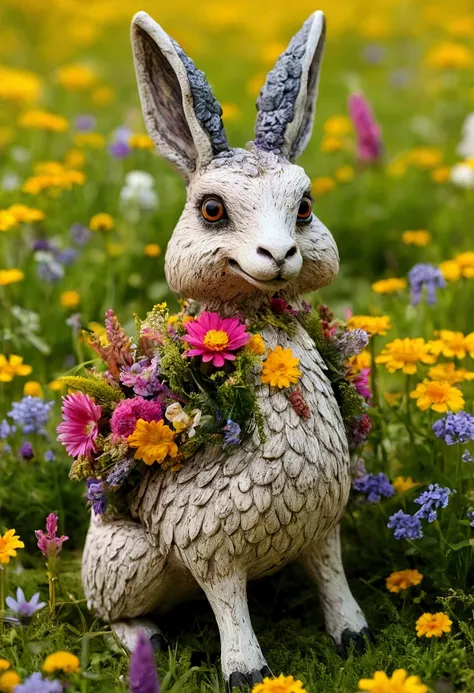 Bavarian Wolpertinger made from duck  ,   owl and goat on a colorful flower meadow 