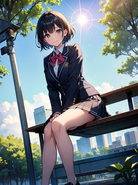 cinematic angle, solo focus,masterpiece, best quality, extremely detailed, absurdres,  ,lens flare, very aesthetic,one cute girl has short hair, (wind), the background is park,hand between legs,sit on the bench
, the girl wearing (school uniform blazer ),l...