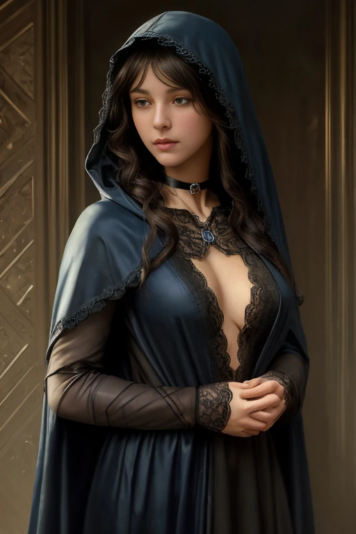 Beautiful (paladin:1.0), wearing a [:open in the front:.2] (lace:1.2) hooded cloak [::.3], (gothic choker), o-ring collar, [:(nsfw, topless, erotic):.2] fantasy art, concept art, delicate features, feminine, Chiaroscuro , (style of howard chandler christy:...