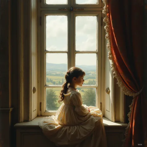 girl sits on a window in the style of 17th century paintings and dreams