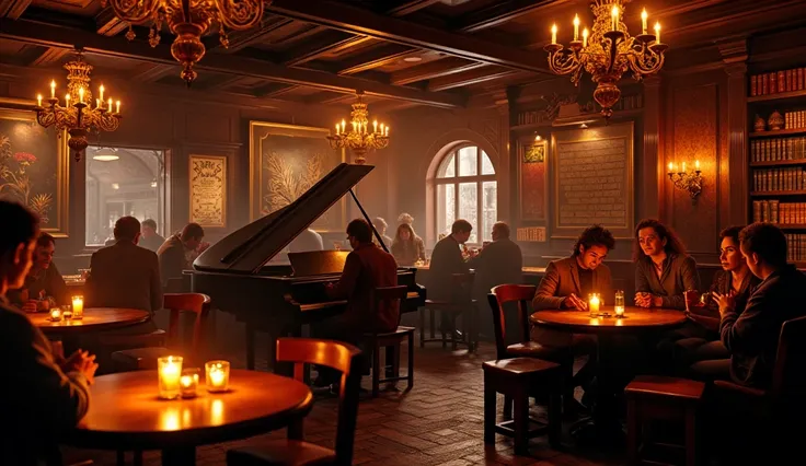 A warm an cozy pub with a piano in the corner. Candles on the tables