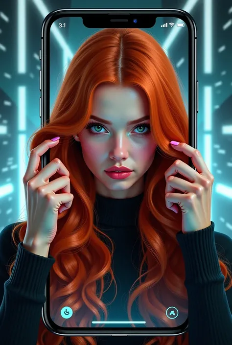  35-year-old female,  redhead, With her hair clutched, Front view, beautiful, with a cyber background, with a cell phone screen frame