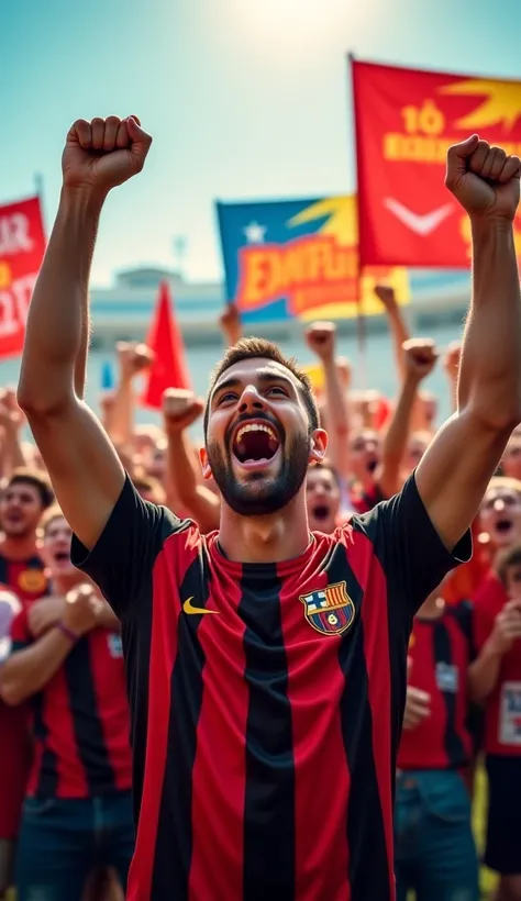 Accumulated people raising their hands with posters celebrating that their soccer team won, He has a red and black vertical striped t-shirt 